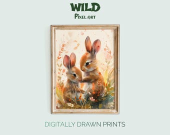 Lámina de conejito vintage: Conejos de jardín de primavera, decoración de Pascua para habitación infantil (descarga digital)
