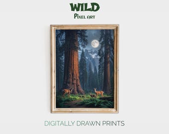 Enchanted Forest Deer Print: Mystical Stag, Moonlit Landscape (Digital Download)