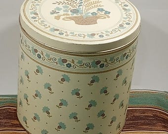 Hoffman Tin CANISTER Pineapple Pattern Floral Basket Blue Brown  Country Enesco