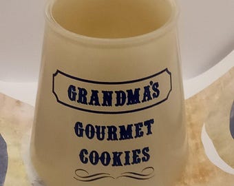 Grandma’s Gourmet Cookies Glass JAR Tan NO LID 7.25" Vintage Bartlett Collins