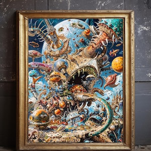 Spaceships for Breakfast 2 Poster : Cosmic Chaos , Surreal Futuristic Steampunk, Intricate Mechanical Surrealism