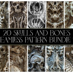 May include: A digital collage of 20 seamless patterns featuring intricate skull and bone designs. The patterns are in shades of gray and white, creating a spooky and gothic aesthetic.