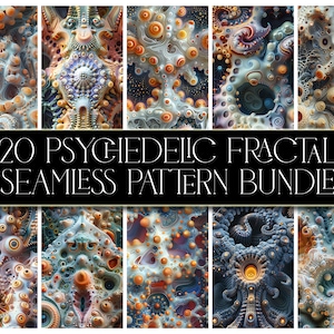 May include: A set of 20 psychedelic fractal seamless patterns in a variety of colors, including blue, orange, and white. The patterns are intricate and detailed, and they would be perfect for use in a variety of design projects.
