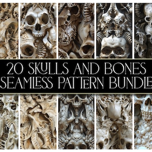 20 Skulls and Bones Seamless Pattern Bundle - Gothic, Dark, Horror, Halloween, digital papers, 12x12 inches, 300dpi JPEGs