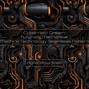 Cybernetic Circuit Board Seamless Pattern Digital Download: Futuristic Grey, Gold, and Black