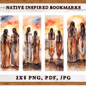 May include: Six watercolor bookmarks featuring Native American women in traditional clothing standing in a landscape with a sunset. The bookmarks are 2x6 inches and are available in PNG, PDF, and JPG formats.