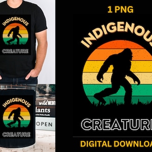 Puede incluir: Una camiseta negra con un gráfico de estilo retro de un Bigfoot caminando frente a una puesta de sol. El gráfico dice "Criatura indígena".