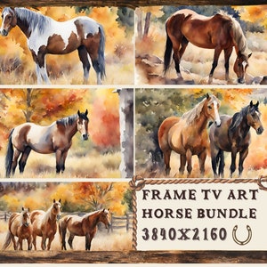 May include: A digital art print featuring four watercolor paintings of horses in a fall landscape. The paintings are arranged in a grid pattern, with each painting featuring a different horse breed and pose. The text "FRAME TV ART HORSE BUNDLE 3840X2160" is visible in the bottom right corner of the image.