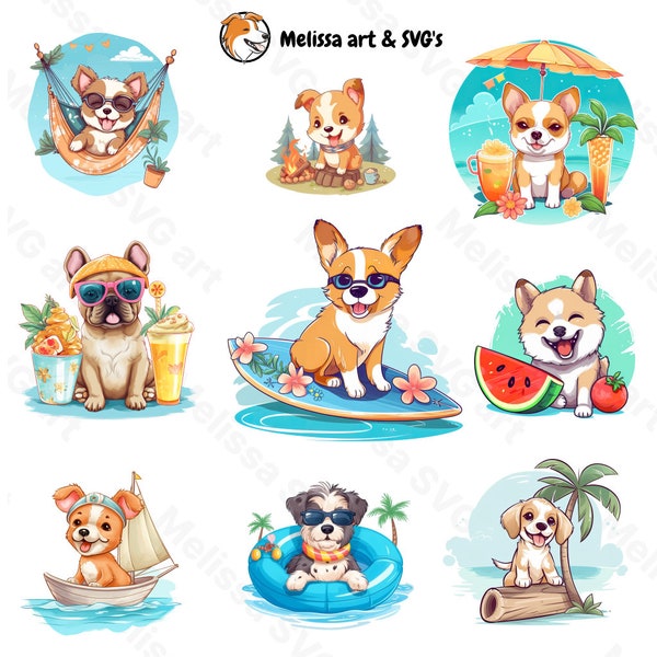 Summer dogs clipart bundle png - kawaii dog lover - commercial use -  beach vacation illustration for scrapbook and printable stickers