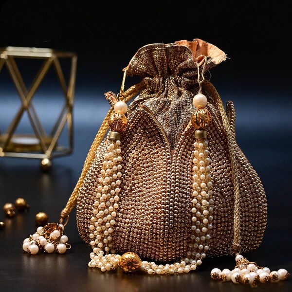 Large drawstring bag, Wedding potli bags, Indian embroidery with pearl tassels , Gold Bridal Purse ,Pouch Handbag