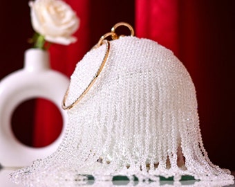 White Bridal Clutch with detachable chain strap , Beaded Evening bag, White box clutch