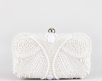 White Bridal Clutch with detachable chain strap , Beaded Evening bag, White box clutch