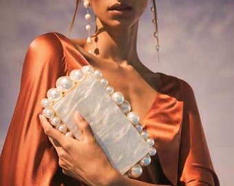 Acrylic box clutch For Wedding , Pearl beaded Sling bag, minaudiere with detachable crossbody metal strap