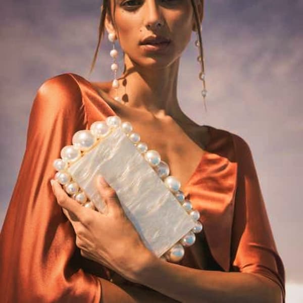 Acrylic box clutch For Wedding , Pearl beaded Sling bag, minaudiere with detachable crossbody metal strap