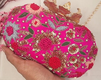 Hot pink clutch bag with floral embroidery, Fabric Clutch bag, beaded evening bag, Sequin Handbag