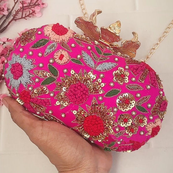 Hot pink clutch bag with floral embroidery, Fabric Clutch bag, beaded evening bag, Sequin Handbag