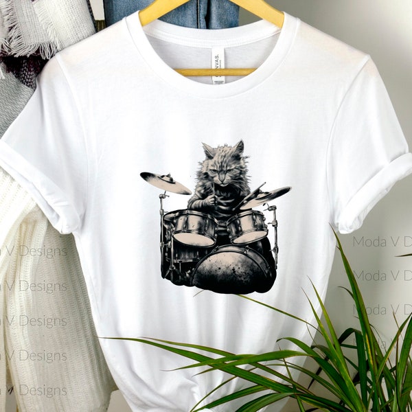 Cat Playing the Drums tshirt, trendy Tee, Funny Gift, Vintage Music Lovers Festival Aesthtic, Classic Rock Concert Trippy Outfit Clothes