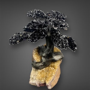 Puede incluir: Escultura de árbol de obsidiana negra con una base de cristal natural. El árbol tiene un diseño detallado e intrincado y está colocado sobre una base de cristales de cuarzo transparentes.