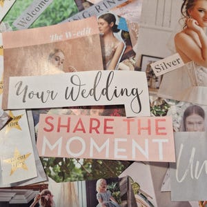 Planificación de bodas y matrimonios, palabras y frases para tableros de visión e ideas para álbumes de recortes.