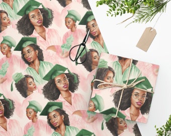 Black Women College Graduates Gift Wrap in Green and Pink, AKA, Alpha Kappa Alpha Sorority