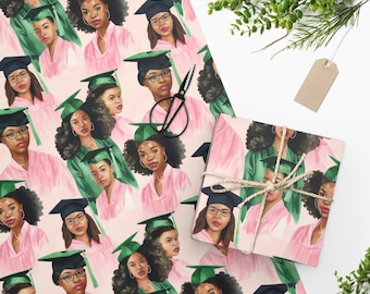 Black Women College Graduates Gift Wrap in Green and Pink, AKA, Alpha Kappa Alpha Sorority #2