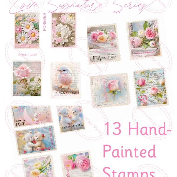 Sweetheart FOREVER Stamps.Chic Vintage Stamps 13 stamps hand painted with 3 different sizes/ Us Letter size vertical 8.5x11 scrapbooking