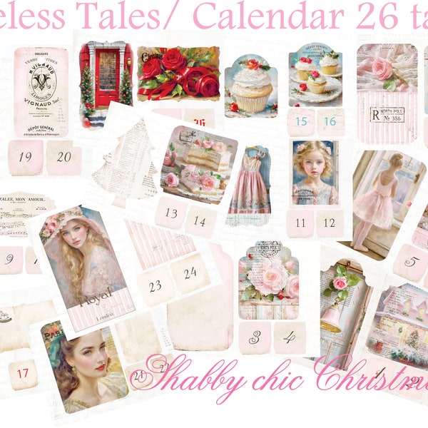 Timeless Tales-26 tags Shabby Chic avec compte à rebours 1-26 jusqu’à Noël- Journaling et scrapbooking US Letter Size French Cottage Shabby Daisy