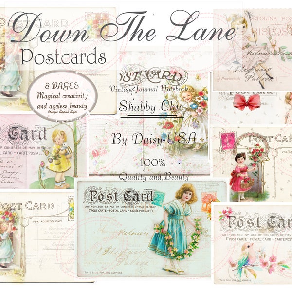 Down the Lane- Postcards Kit Vintage Junk Journal A4 Paper Collection Vintage Papers -Journaling and Art