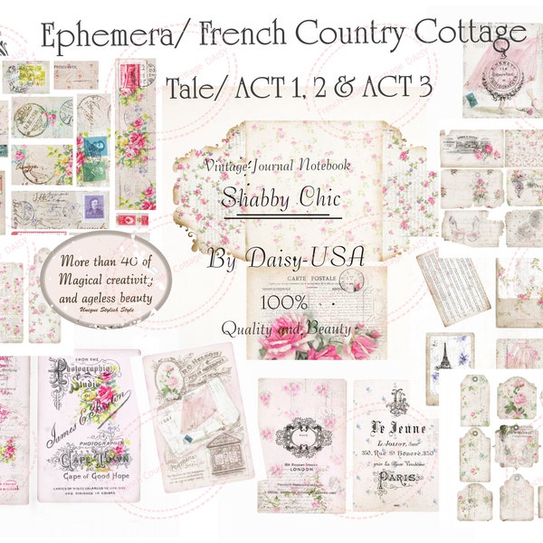 Ephemera French Country Cottage Tale kit- ACT 1,2 & 3  Kit Vintage Junk Journal A4 Paper Collection Vintage Papers -Journaling and Art
