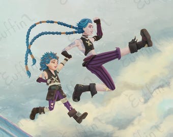 May include: Two cartoon characters with blue hair are jumping in the air against a cloudy background. The character on the left is wearing a purple and black outfit and has a long blue braid. The character on the right is wearing a green and brown outfit and has a shorter blue braid.