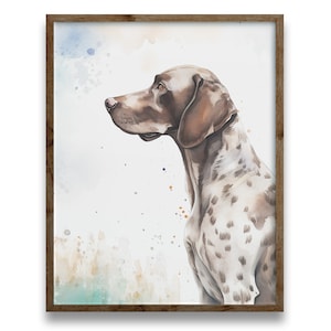May include: Watercolor painting of a brown and white German Shorthaired Pointer dog with a white background and watercolor splatters.