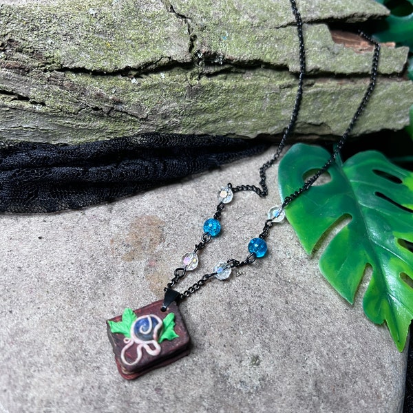 Polymer Clay Necklace with Pendant Book Semi-precious Stone Cottagecore OOAK Pagan Spellbook