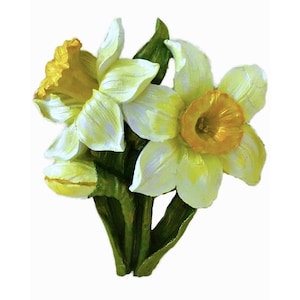May include: A painted bouquet of daffodils, featuring white petals and yellow centers. The flowers have a textured appearance, with green stems and leaves. The arrangement is set against a white backdrop.