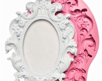 Moule en silicone 21 cm (8,26 pouces) Cadre photo ovale baroque rococo avec fleurs et miroir pour plâtre, résine de polyester, cire de ciment, savon K062