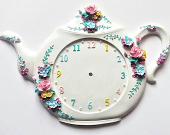 Moule en silicone grand format 42 cm, décor fleurs roses théière, pour plâtre, argile, savon, cire, résine, polyester, béton K152