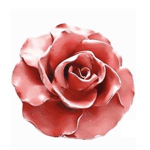 Könnte beinhalten: Eine detaillierte, rote Rosen-Skulptur mit mehreren Blütenblätterschichten. Die Rose hat einen leuchtenden Rotton mit subtilen Farb- und Texturvariationen, vor einem weißen Hintergrund.