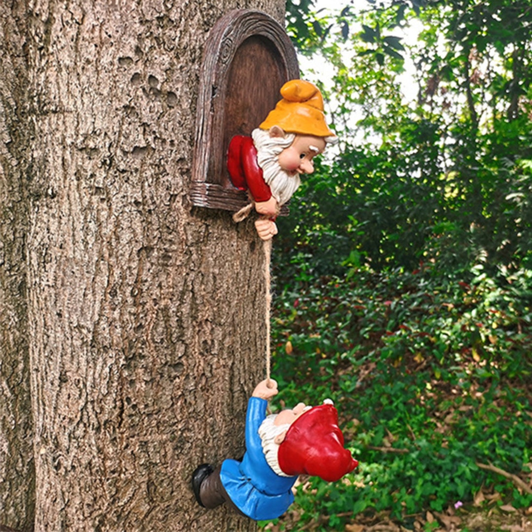 Tree Climbing Dwarf Resin Gnome Statue Cute Outdoor Garden Etsy