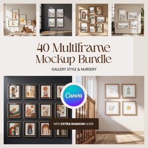 Peut inclure: Plusieurs cadres de tirages d'art sont présentés, avec des paysages, des motifs abstraits et des illustrations pour enfants. L'image présente différents agencements, avec le texte "40 Multiframe Mockup Bundle" et "Gallery Style & Nursery".
