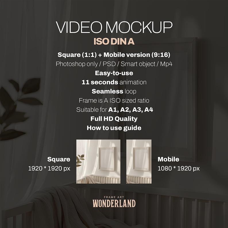 Video Frame Mockup, Vertical Nursery Mock-up, PSD, MP4, Baby interior, A3 Poster, Mobile