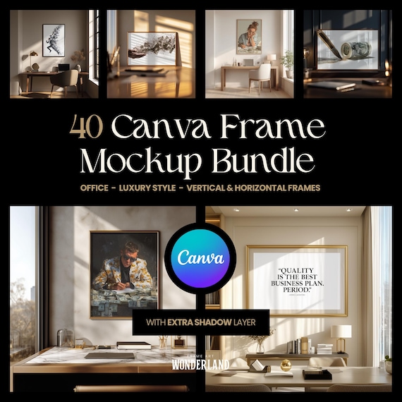 Canva Frame Mockup Bundle, Office Workspace Decor, 40 Vertical, Horizontal Frames, Business, Shadow Layer