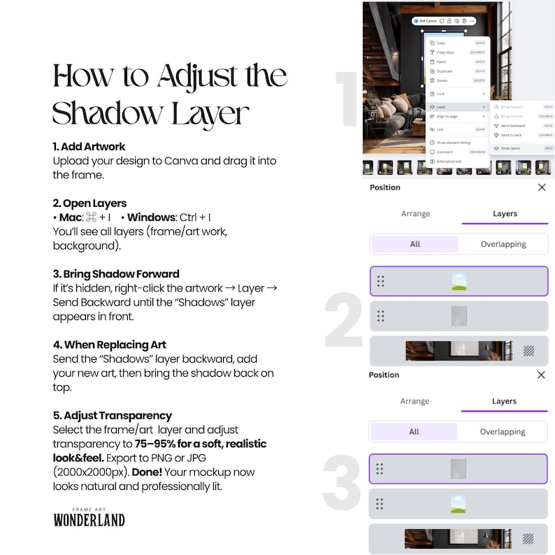 Canva Frame Mockup Bundle, Horizontal, Vertical Frames, Staircase, Shadow Layer, Dark Interior, 40 Mockups