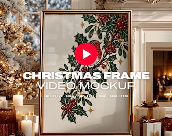 Maqueta de marco de vídeo DIN A3, salón navideño dorado, PSD animado + MP4 con vídeo