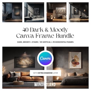 Canva rammockuppaket, horisontella, vertikala ramar, trappa, skugglager, mörk interiör, 40 mockups