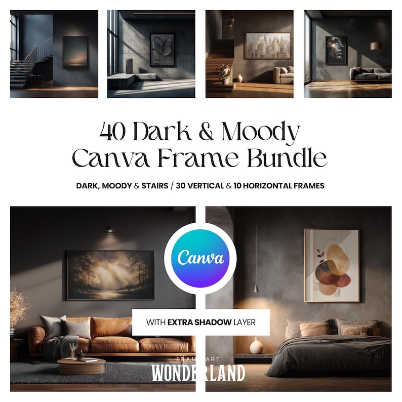 Canva Frame Mockup Bundle, Horizontal, Vertical Frames, Staircase, Shadow Layer, Dark Interior, 40 Mockups