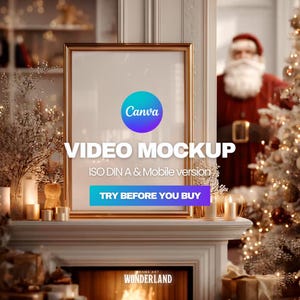Mockup de vídeo do Canva, moldura dourada de Natal com Papai Noel e lareira, DIN A, MP4, mockup vertical.