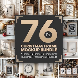 クリスマスフレームモックアップバンドル：5x7、7x5、1x1比率、Photoshop一括編集、ウォールアートディスプレイ