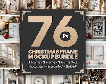 Christmas Frame Mockup Bundle: 5x7, 7x5, 1x1 Ratio, Photoshop Bulk Edit, Wall Art Display