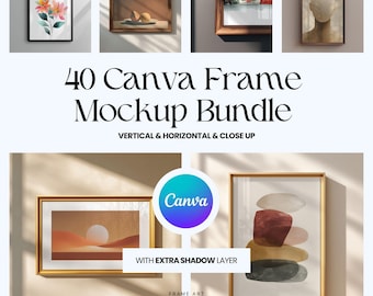Paquete de maquetas de marcos de Canva: 40 marcos verticales y horizontales, primer plano, minimalistas, limpios y con capa de sombra.