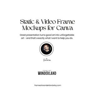 Pu&ograve; includere: Sfondo bianco con testo nero che annuncia "Static & Video Frame Mockups for Canva". Un'immagine circolare di una donna &egrave; al centro. Il nome "Victoria" &egrave; sotto. Il logo Frame Art Wonderland e l'URL di Etsy sono in basso.