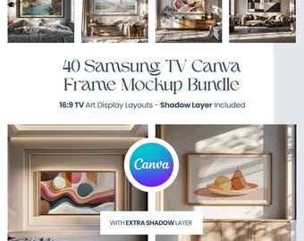 Canva TV Frame Mockup Bundle, 16:9 Art Mode Designs, Editable Shadow Layer